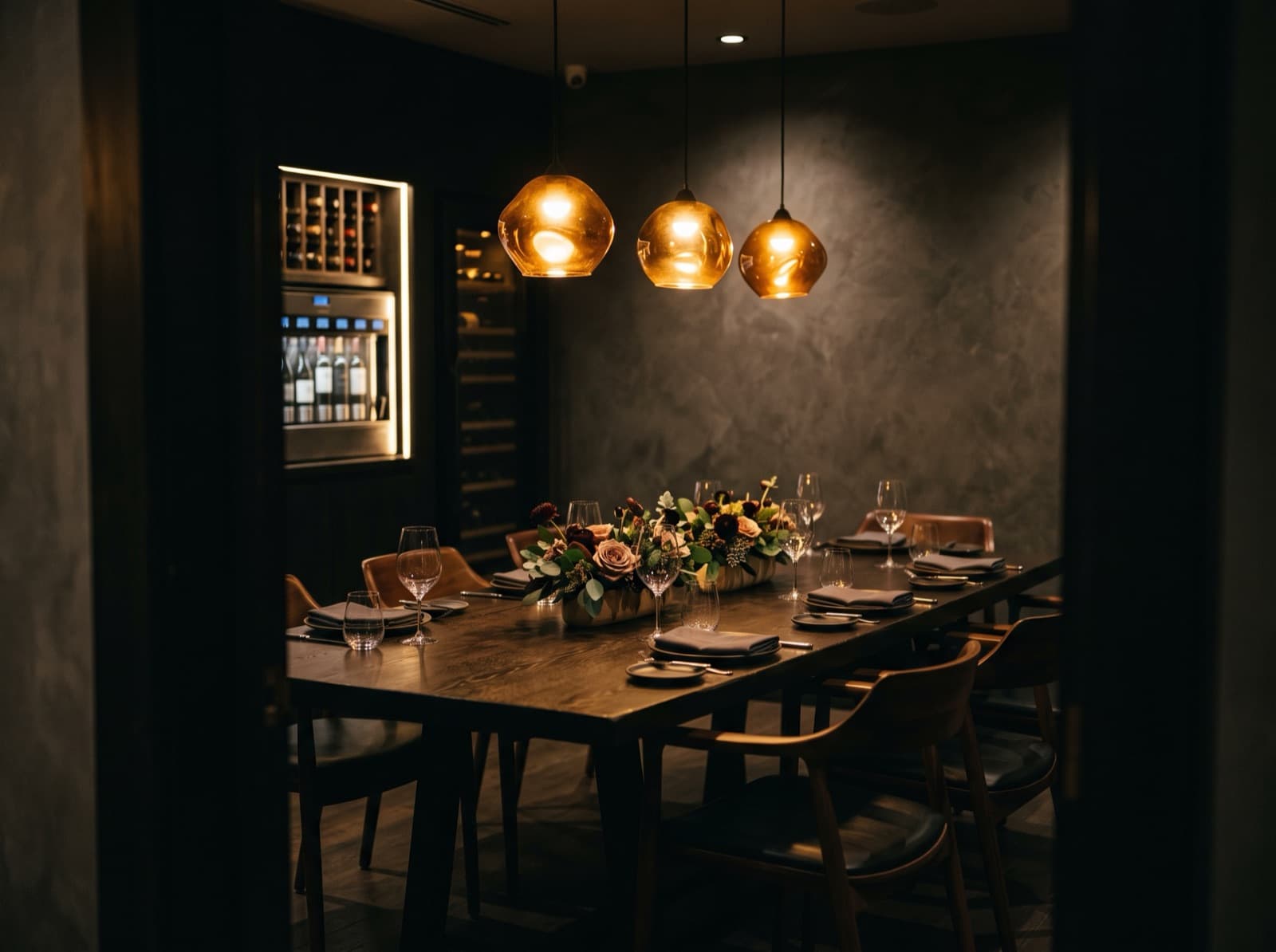 A private dining room set for eight